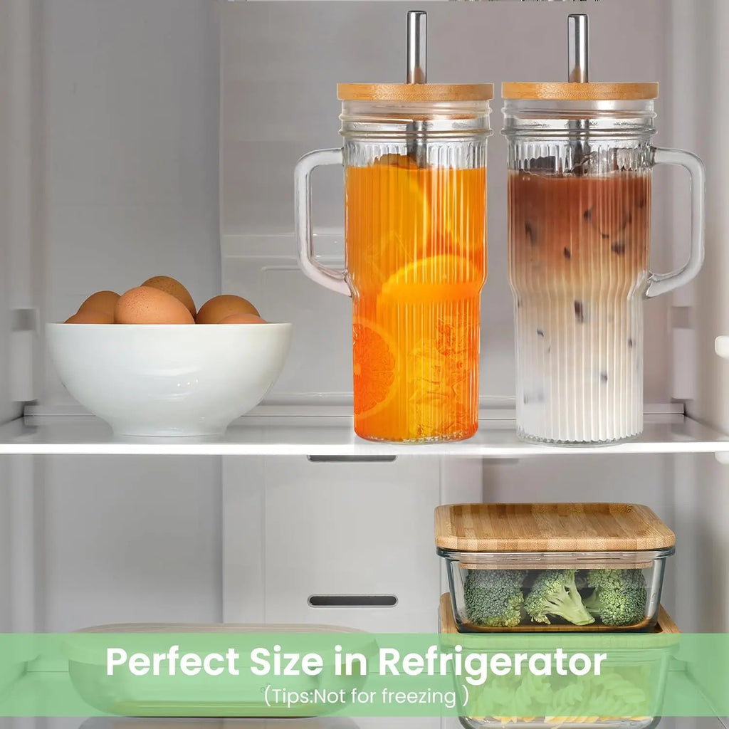 19-Piece Glass Cups with Lids & Straws, 31.5oz Tumblers with Handles, 4 Pack Iced Coffee Boba Cups for Hot & Cold Drinks