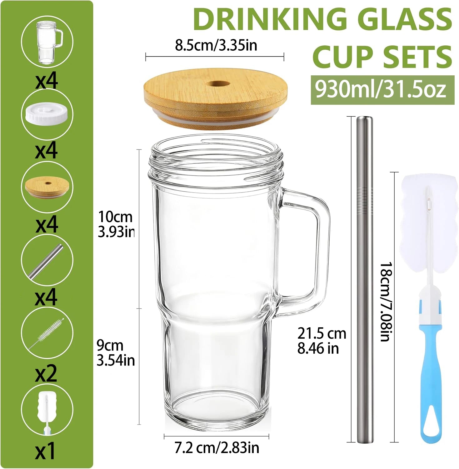 19-Piece Glass Cups with Lids & Straws, 31.5oz Tumblers with Handles, 4 Pack Iced Coffee Boba Cups for Hot & Cold Drinks