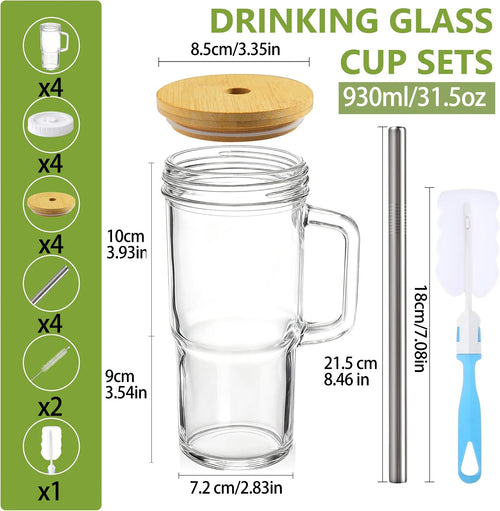 19-Piece Glass Cups with Lids & Straws, 31.5oz Tumblers with Handles, 4 Pack Iced Coffee Boba Cups for Hot & Cold Drinks