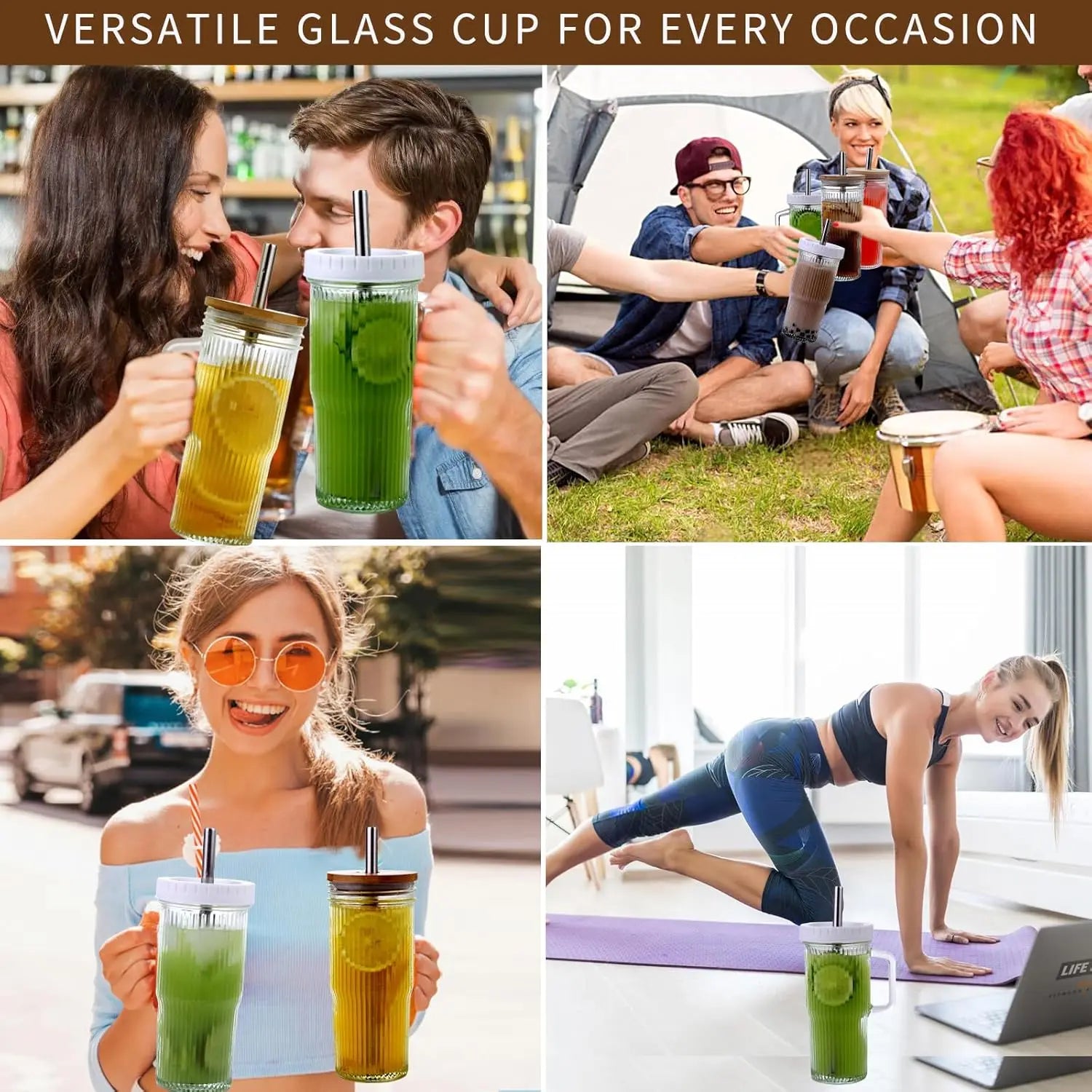 19-Piece Glass Cups with Lids & Straws, 31.5oz Tumblers with Handles, 4 Pack Iced Coffee Boba Cups for Hot & Cold Drinks