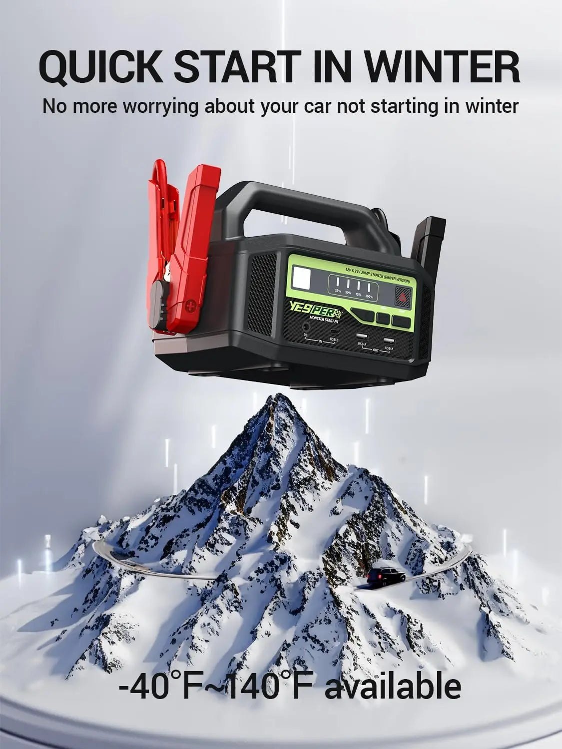 YESPER 12V/24V 6000A Jump Starter: 36400mAh Power Station + 3-Mode LED, for Gas/Diesel Engines, Cars to Boats, -40°C~60°C