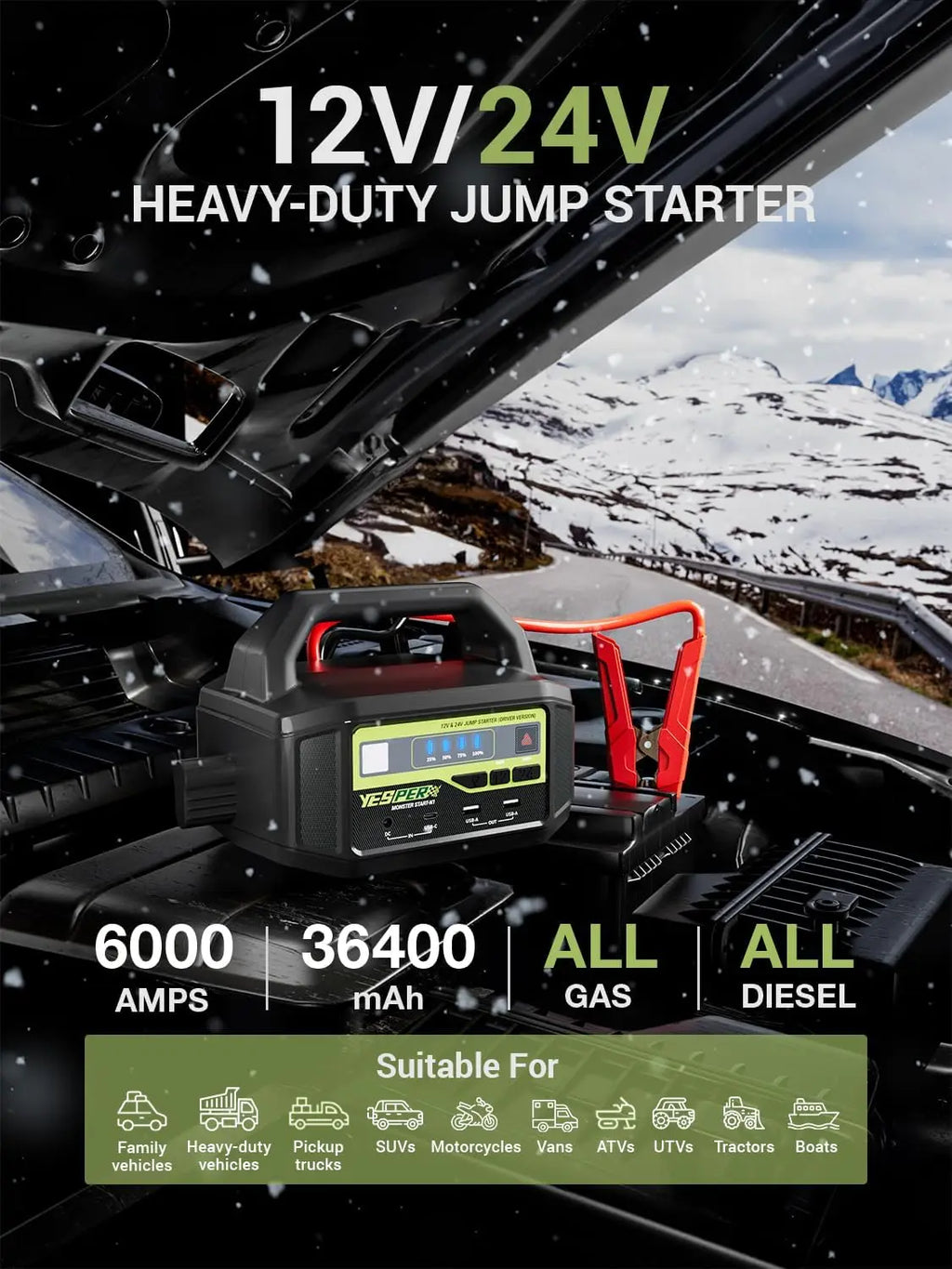 YESPER 12V/24V 6000A Jump Starter: 36400mAh Power Station + 3-Mode LED, for Gas/Diesel Engines, Cars to Boats, -40°C~60°C