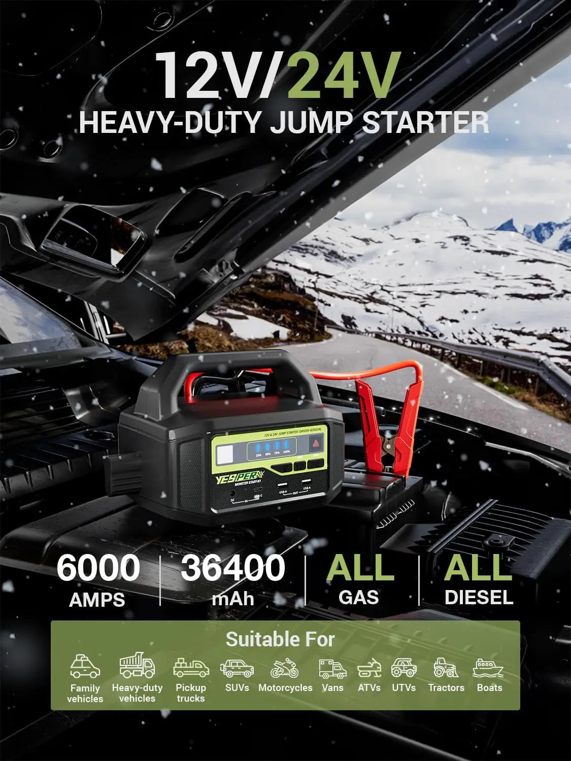 YESPER 12V/24V 6000A Jump Starter: 36400mAh Power Station + 3-Mode LED, for Gas/Diesel Engines, Cars to Boats, -40°C~60°C